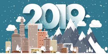 Vektör çizim. 2019 kış kentsel peyzaj. Kar ile şehir. Noel ve yeni yıl. Cityscape. Buildings.Mountaines, doğa.