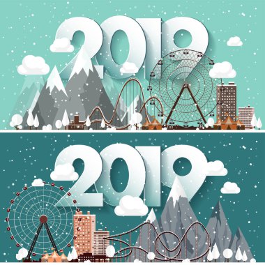 Vektör çizim. 2019 kış kentsel peyzaj. Kar ile şehir. Noel ve yeni yıl. Cityscape. Buildings.Mountaines, doğa. Dönme dolap, park.