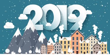 Vektör çizim. 2019 kış kentsel peyzaj. Kar ile şehir. Noel ve yeni yıl. Cityscape. Buildings.Mountaines, doğa.