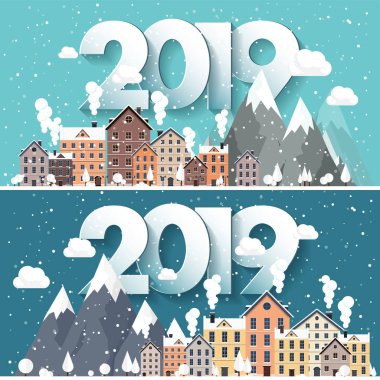 Vektör çizim. 2019 kış kentsel peyzaj. Kar ile şehir. Noel ve yeni yıl. Cityscape. Buildings.Mountaines, doğa.