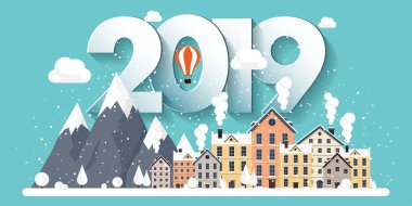 Vektör çizim. 2019 kış kentsel peyzaj. Kar ile şehir. Noel ve yeni yıl. Cityscape. Buildings.Mountaines, doğa.