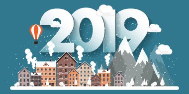 Vektör çizim. 2019 kış kentsel peyzaj. Kar ile şehir. Noel ve yeni yıl. Cityscape. Buildings.Mountaines, doğa.