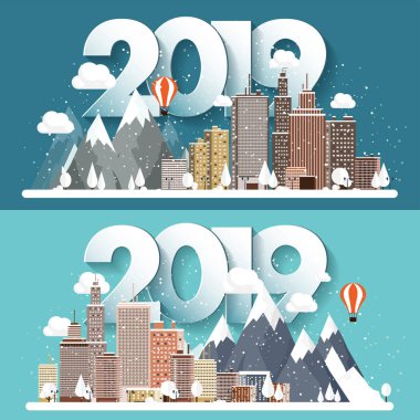 Vektör çizim. 2019 kış kentsel peyzaj. Kar ile şehir. Noel ve yeni yıl. Cityscape. Buildings.Mountaines, doğa.