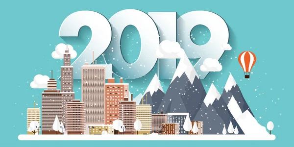 Ilustración vectorial. 2019 paisaje urbano de invierno. Ciudad con nieve. Navidad y año nuevo. Paisaje urbano. Edificios.Montañas, naturaleza . — Vector de stock