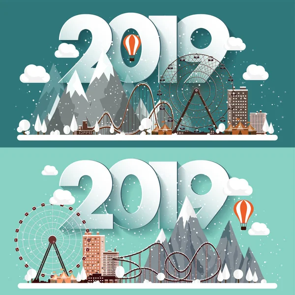 矢量插图。2019冬天城市风景。城市与雪。圣诞节和新年。市容.建筑物. Mountaines, 自然。摩天轮, 公园. — 图库矢量图片