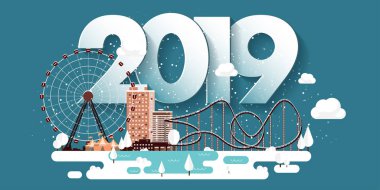 Vektör çizim. 2019 kış kentsel peyzaj. Kar ile şehir. Noel ve yeni yıl. Cityscape. Buildings.Mountaines, doğa. Dönme dolap, park.