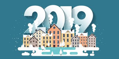 Vektör çizim. 2019 kış kentsel peyzaj. Kar ile şehir. Noel ve yeni yıl. Cityscape. Buildings.Mountaines, doğa.