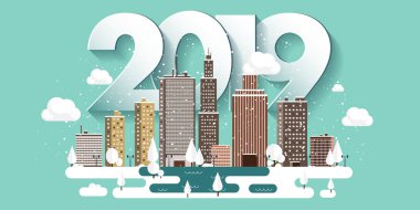 Vektör çizim. 2019 kış kentsel peyzaj. Kar ile şehir. Noel ve yeni yıl. Cityscape. Buildings.Mountaines, doğa.