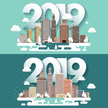 Vektör çizim. 2019 kış kentsel peyzaj. Kar ile şehir. Noel ve yeni yıl. Cityscape. Buildings.Mountaines, doğa.