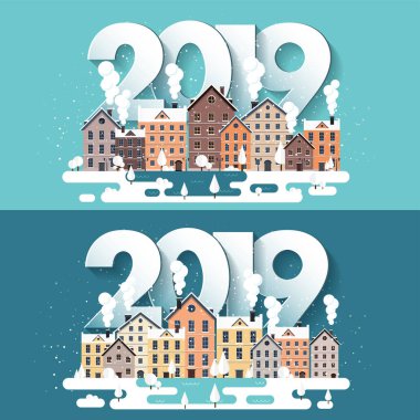 Vektör çizim. 2019 kış kentsel peyzaj. Kar ile şehir. Noel ve yeni yıl. Cityscape. Buildings.Mountaines, doğa.
