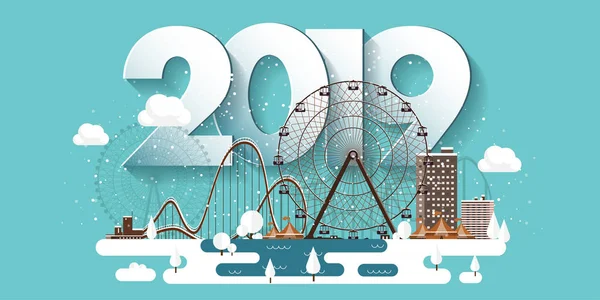 Ilustração vetorial. 2019 paisagem urbana de inverno. Cidade com neve. Natal e ano novo. A paisagem urbana. Construções.Montanhas, natureza. Roda gigante, parque . —  Vetores de Stock