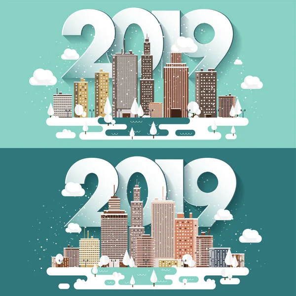 矢量插图 2019冬天城市风景 城市与雪 圣诞节和新年 建筑物 Mountaines — 图库矢量图片