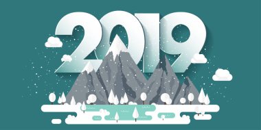 Kış, kar ile 2019 en yüksek dağlarda. Doğa manzara. Noel seyahat. Yürüyüş ve kamp. Düz stil.
