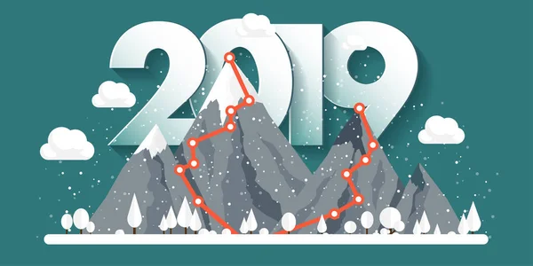 Montañas en invierno, 2019 Pico con nieve. Paisaje natural. Viaje de Navidad. Senderismo y Camping. Estilo plano . — Vector de stock