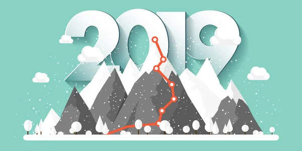 Montagne in inverno, 2019 Cima con neve. Paesaggio naturale. Viaggi di Natale. Escursioni e campeggio. Stile piatto . — Vettoriale Stock