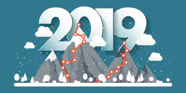 Montañas en invierno, 2019 Pico con nieve. Paisaje natural. Viaje de Navidad. Senderismo y Camping. Estilo plano . — Vector de stock