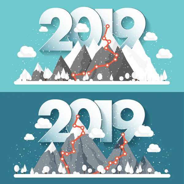 Montañas en invierno, 2019 Pico con nieve. Paisaje natural. Viaje de Navidad. Senderismo y Camping. Estilo plano . — Vector de stock