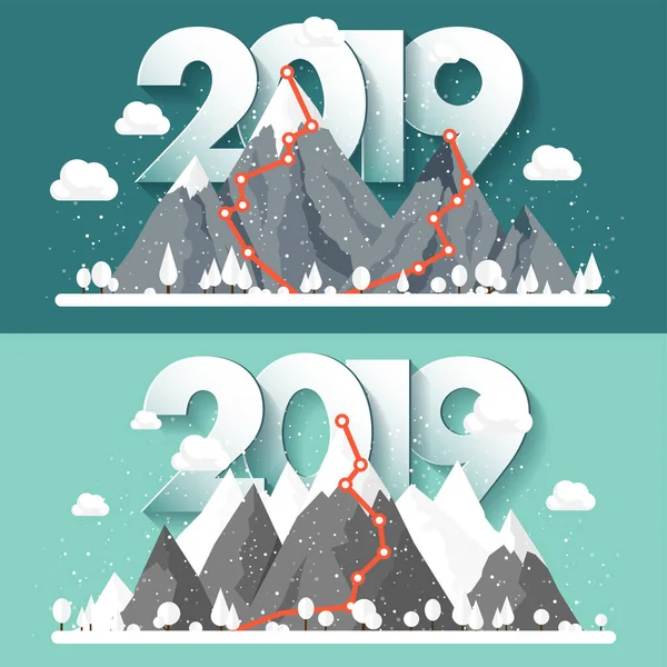 山在 Winter,2019 峰与雪。自然景观。圣诞旅行。徒步旅行和露营。平面样式. — 图库矢量图片
