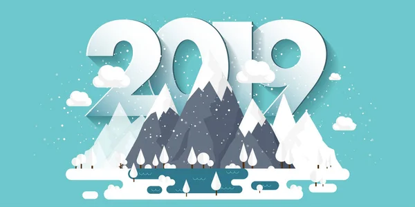 Montañas en invierno, 2019 Pico con nieve. Paisaje natural. Viaje de Navidad. Senderismo y Camping. Estilo plano . — Vector de stock