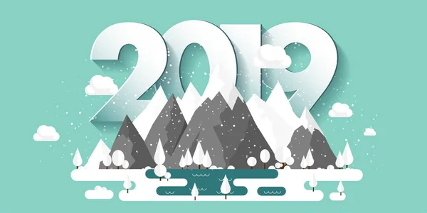 Tél, hó 2019-csúcs-hegység. Természet tájkép. Karácsonyi utazás. Túrázásra, és kemping. Lapos stílusú. — Stock Vector