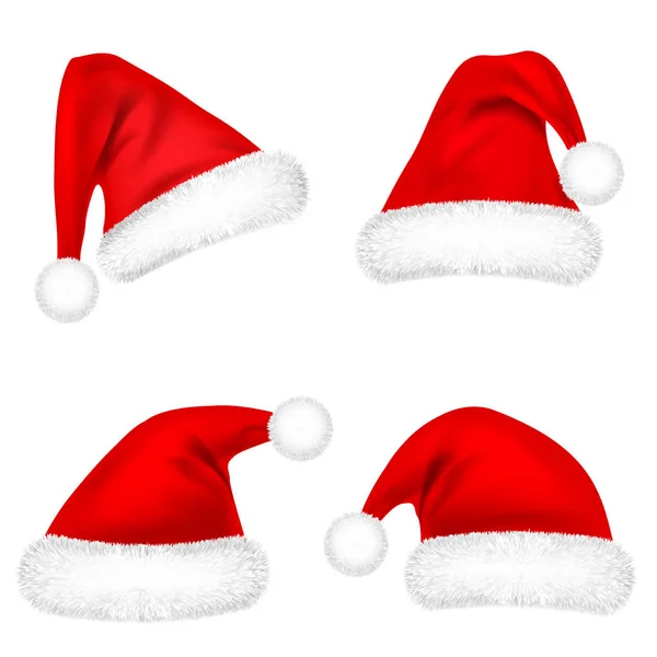 Різдвяні Капелюхи Діда Мороза Хутряним Набором Новий Рік Червоний Капелюх — стоковий вектор