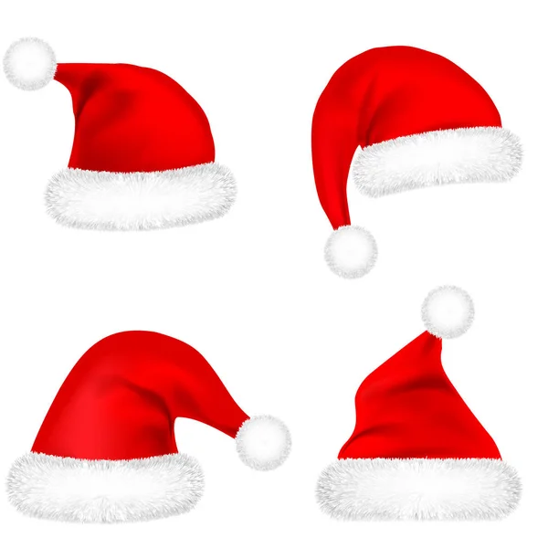 Christmas Santa Claus mutsen met bont instellen. Nieuw jaar Red Hat geïsoleerd op een witte achtergrond. Winter dop. Vectorillustratie. — Stockvector