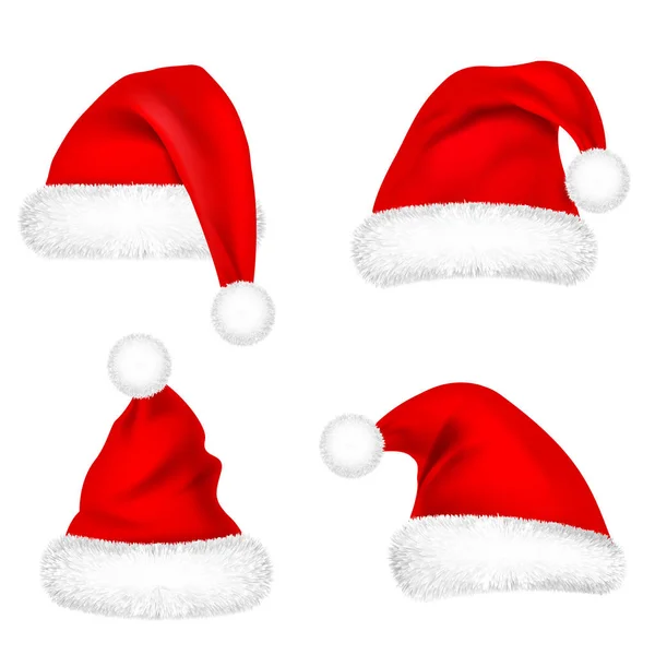 Weihnachtsmann-Mützen mit Fellset. Neujahr roter Hut isoliert auf weißem Hintergrund. Wintermütze. Vektorillustration. — Stockvektor