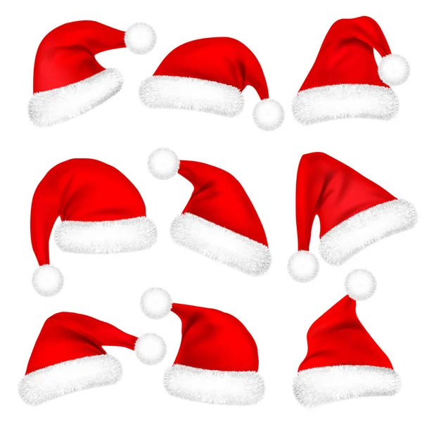 크리스마스 산타 클로스 모자 털으로 설정합니다. 새 해 빨간 모자 흰색 배경에 고립입니다. 겨울 모자입니다. 벡터 일러스트 레이 션. — 스톡 벡터
