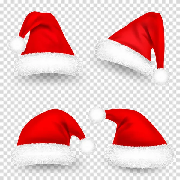 Christmas Santa Claus Hats With Fur and Shadow Set. New Year Red Hat Isolated on Transparent Background. Winter Cap. Vector illustration. — Stock Vector
