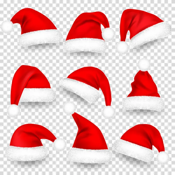 Christmas Santa Claus Hats With Fur and Shadow Set. New Year Red Hat Isolated on Transparent Background. Winter Cap. Vector illustration. — Stock Vector