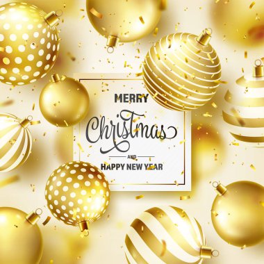 Noel ağacı topları, şerit ve konfeti ile arka plan. Altın top. Yeni yıl. Kış tatili. Sezon Satılık dekorasyon. Altın Xmas hediye.