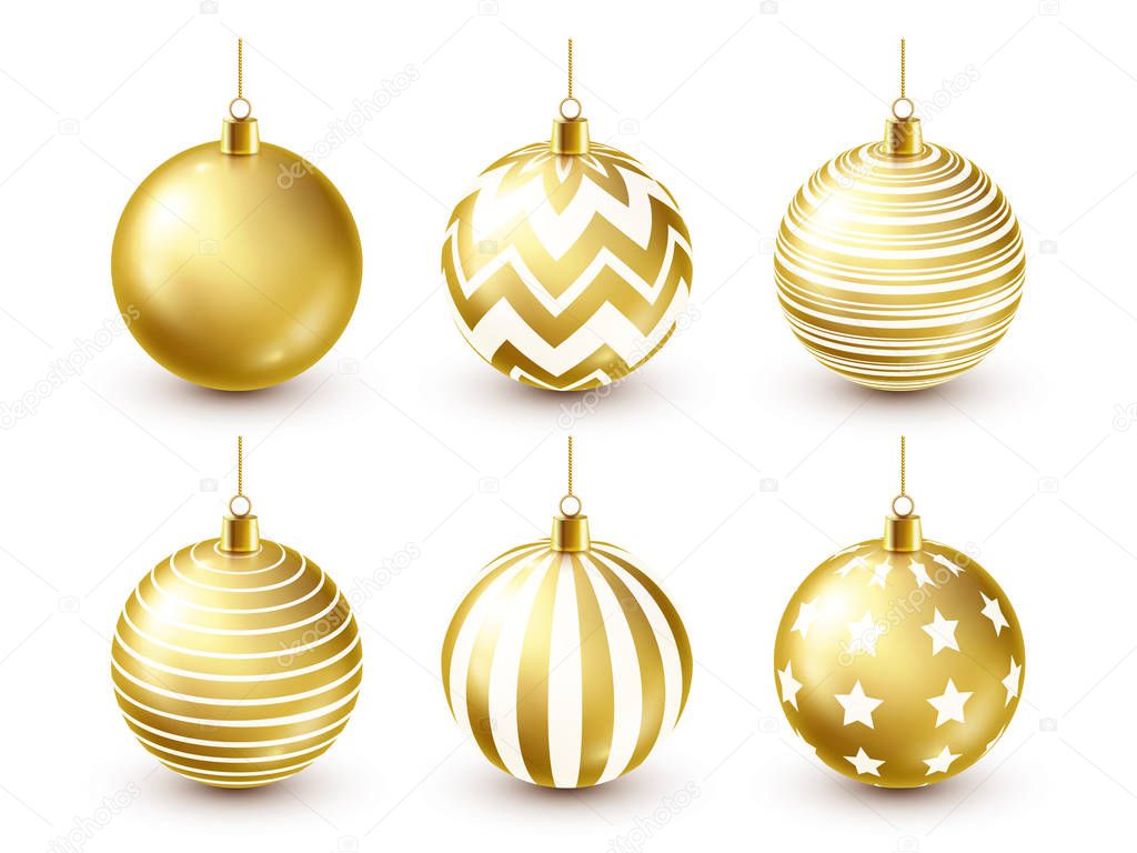 Christmas Tree Shiny Golden Balls Set. New Year Decoration. Winter Season. December Holidays. Greeting Gift Card Or Banner Element.