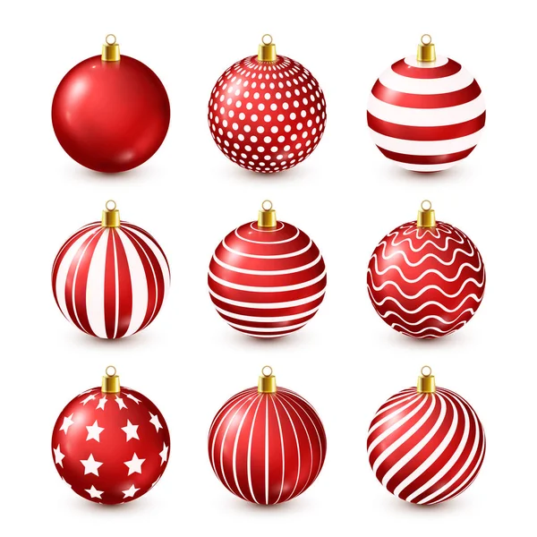 Kerstboom glanzende rode ballen Set. Nieuwjaar decoratie. Winter seizoen. December feestdagen. Gift wenskaart of Banner Element. — Stockvector
