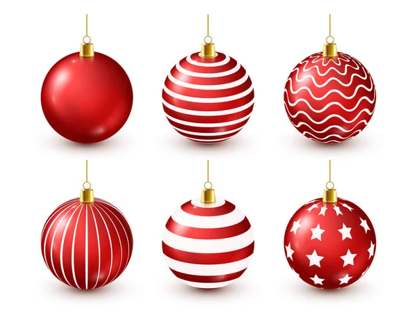 Kerstboom glanzende rode ballen Set. Nieuwjaar decoratie. Winter seizoen. December feestdagen. Gift wenskaart of Banner Element. — Stockvector