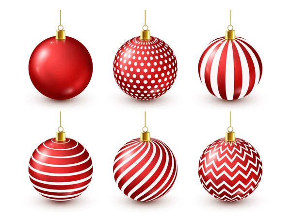 Kerstboom glanzende rode ballen Set. Nieuwjaar decoratie. Winter seizoen. December feestdagen. Gift wenskaart of Banner Element. — Stockvector