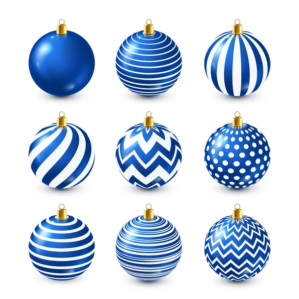 Set di palline blu lucido dell'albero di Natale. Decorazione di Capodanno. Stagione invernale. Vacanze di dicembre. Biglietto regalo di auguri o elemento banner . — Vettoriale Stock