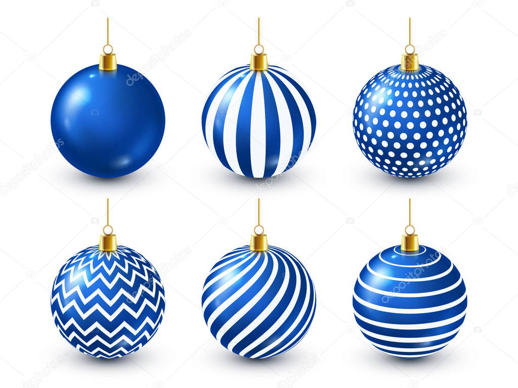 Christmas Tree Shiny Blue Balls Set. New Year Decoration. Winter Season. December Holidays. Greeting Gift Card Or Banner Element.