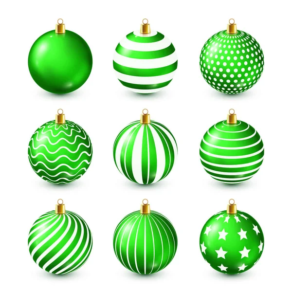 Kerstboom glanzende groene ballen Set. Nieuwjaar decoratie. Winter seizoen. December feestdagen. Gift wenskaart of Banner Element. — Stockvector