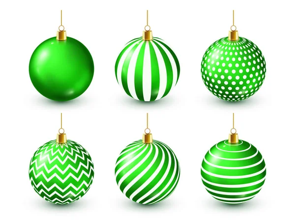 Árbol de Navidad Brillante bolas verdes conjunto. Decoración de Año Nuevo. Temporada de invierno. Vacaciones de diciembre. Tarjeta de regalo de saludo o elemento de bandera . — Vector de stock