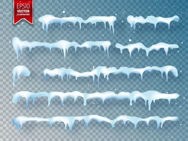 Realistischer 3D-Schnee, Eiskappe mit Schatten. Schneefall und Schneeflocken. Wintersaison. Weihnachten und Neujahr. — Stockvektor