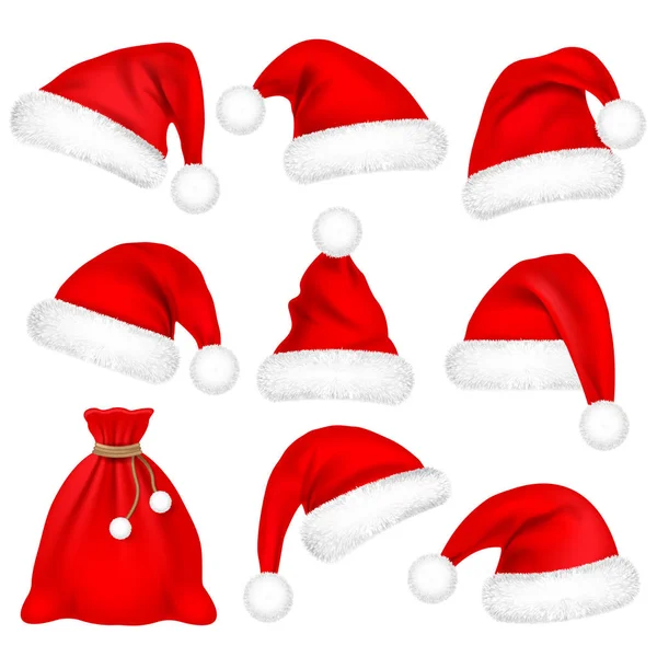 Natale Babbo Natale Cappelli con Set di pelliccia, Borsa, Sacco. Cappello rosso di Capodanno isolato su sfondo bianco. Berretto invernale. Illustrazione vettoriale . — Vettoriale Stock