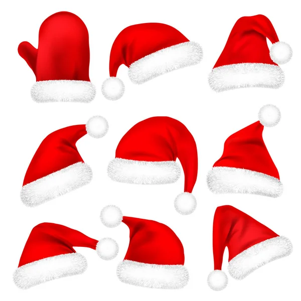 Kürk kümesiyle Mitten Noel Noel Baba şapkaları. Yeni yıl beyaz zemin üzerine kırmızı şapka izole. Kış kep. Vektör çizim. — Stok Vektör