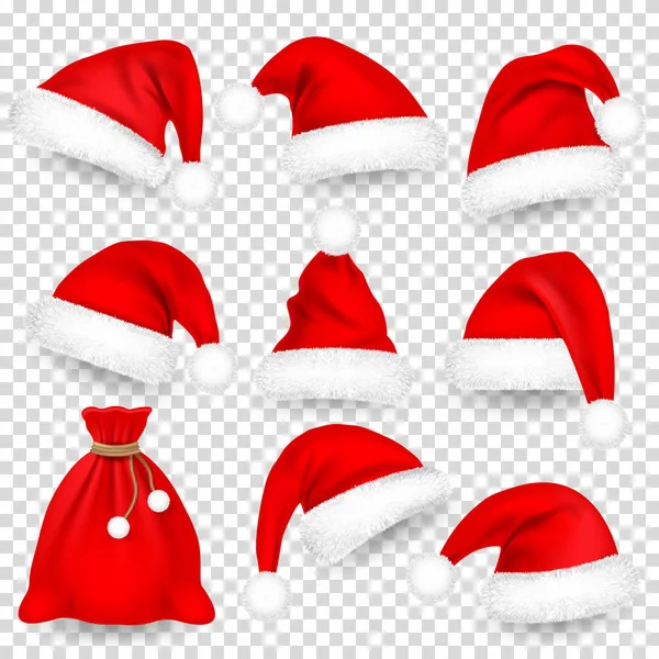 Natale Babbo Natale Cappelli con Set di pelliccia, Borsa, Sacco. Natale, Capodanno Red Hat with Shadow. Berretto invernale. Illustrazione vettoriale . — Vettoriale Stock