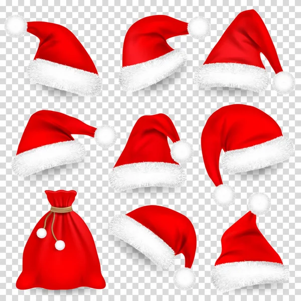 stock vector Christmas Santa Claus Hats With Fur Set, Bag, Sack. Xmas, New Year Red Hat With Shadow. Winter Cap. Vector illustration.