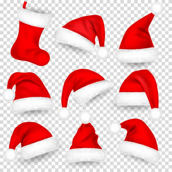 Χριστούγεννα καπέλα Άγιου Βασίλη με γούνα σύνολο, κάλτσες. Χριστούγεννα, Πρωτοχρονιά κόκκινο καπέλο με σκιά. Καπάκι χειμώνα. Εικονογράφηση διάνυσμα. — Διανυσματικό Αρχείο