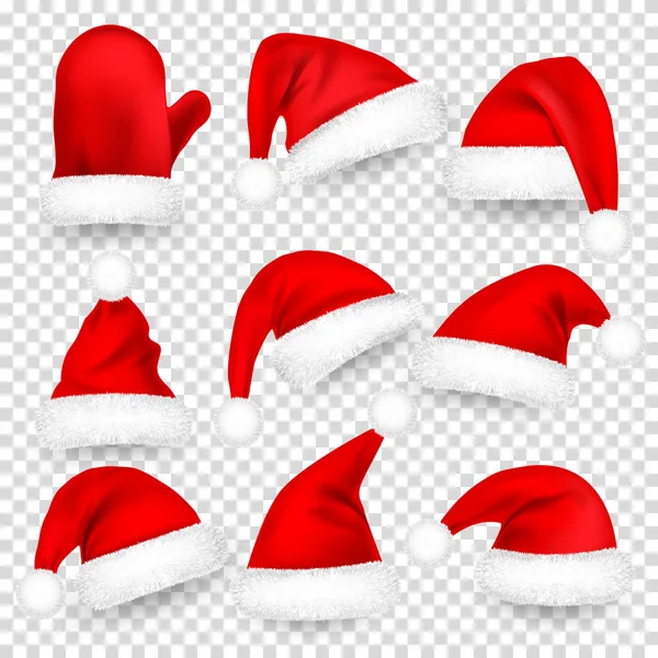 クリスマス サンタ クロース帽子毛皮セット ミトン クリスマス 新年の赤影と帽子します ベクトル図 — ストックベクタ
