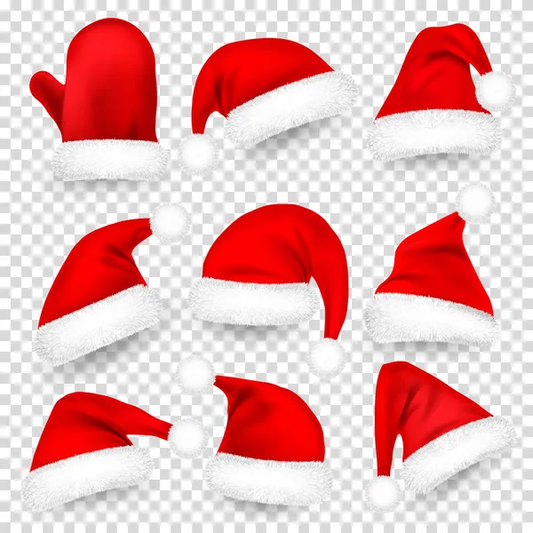 Christmas Santa Claus hoeden met bont Set, Mitten. Kerstmis, Nieuwjaar rood hoed met schaduw. Vectorillustratie. — Stockvector