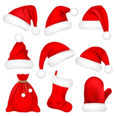 Noel Noel Baba şapkaları ile kürk hazır, Mitten, çanta, Sock. Yeni yıl beyaz zemin üzerine kırmızı şapka izole. Kış kep. Vektör çizim.