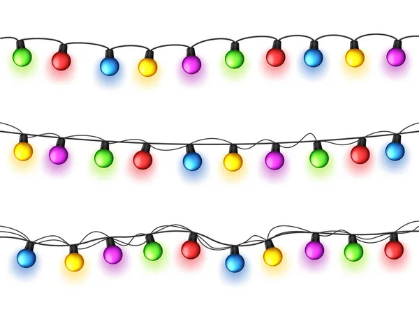 Christmas glowing lights on white background. Garlands with colored bulbs. Xmas holidays. Christmas greeting card design element. New year,winter. — Stock Vector