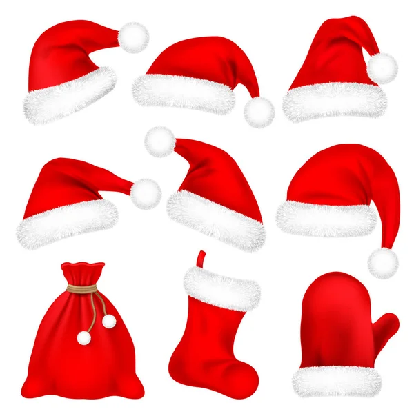 Christmas Santa Claus Hats With Fur Set, Mitten, Bag, Sock. New Year Red Hat Isolated on White Background. Winter Cap. Vector illustration. — Stock Vector